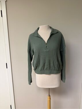 aerie Waffle Knit Half-Zip Sweater in Sage Green